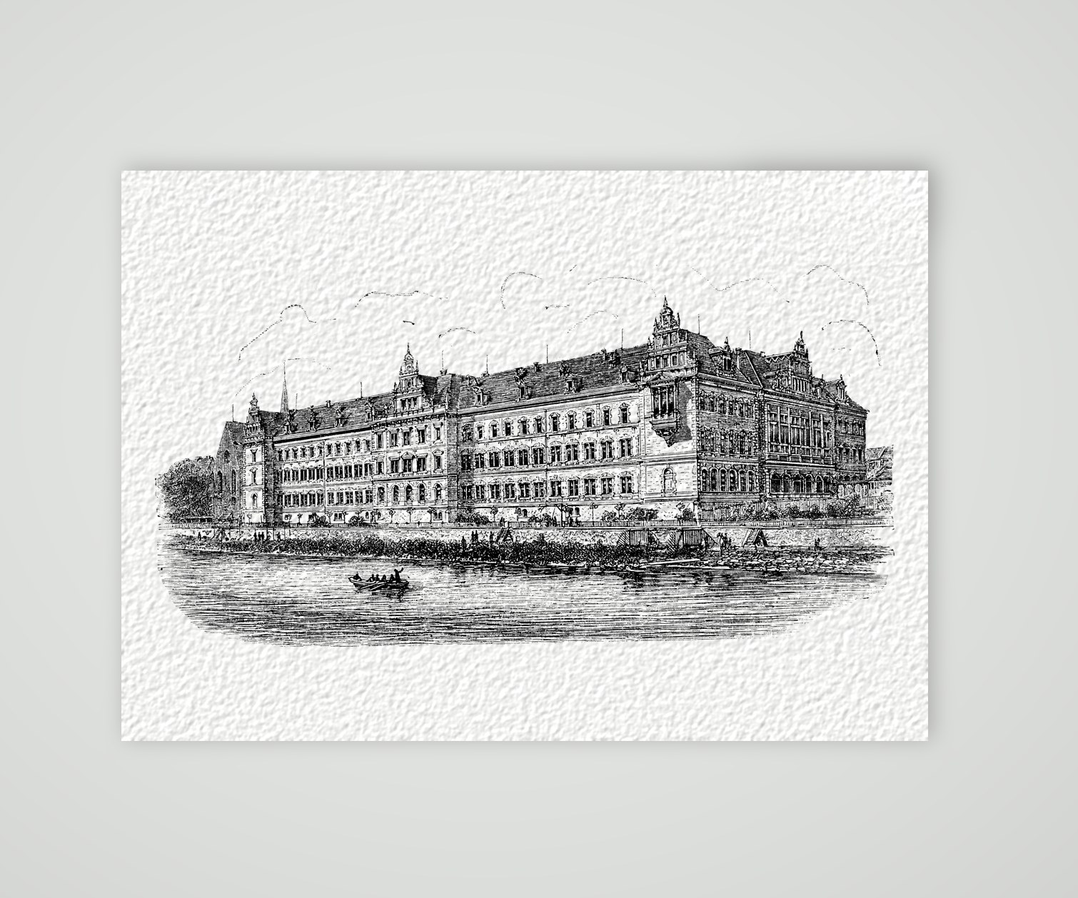 Grimma, die Landesschule St. Augustin nach dem Neubau – Holzstich, Kunstdruck auf Hahnemühle-Büttenpapier