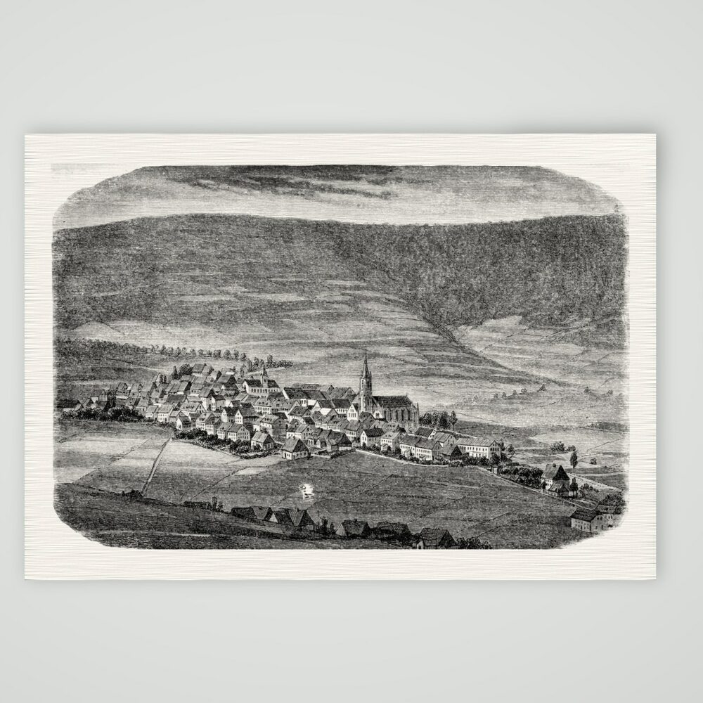 Oberwiesenthal, Blick auf das Städtchen – Holzstich, Kunstdruck auf Leinenpapier