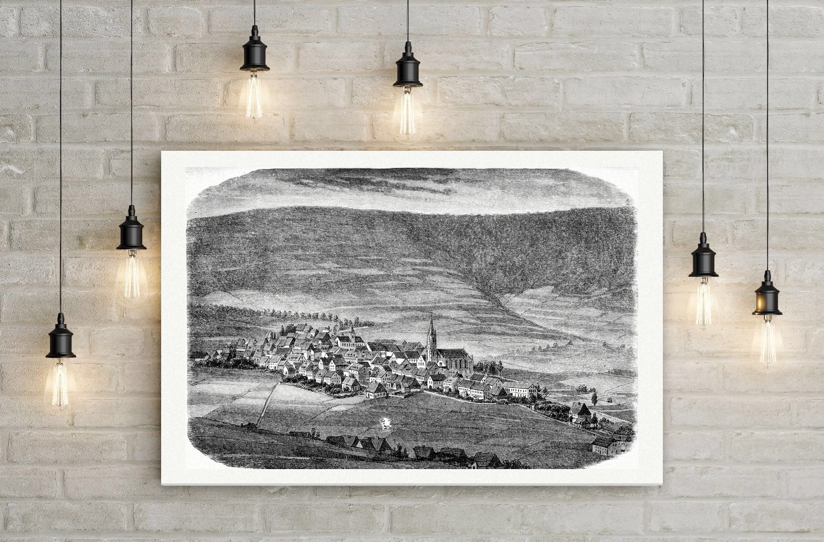 Oberwiesenthal, Blick auf das Städtchen – Holzstich, Leinwanddruck auf Holzkeilrahmen an der Wand
