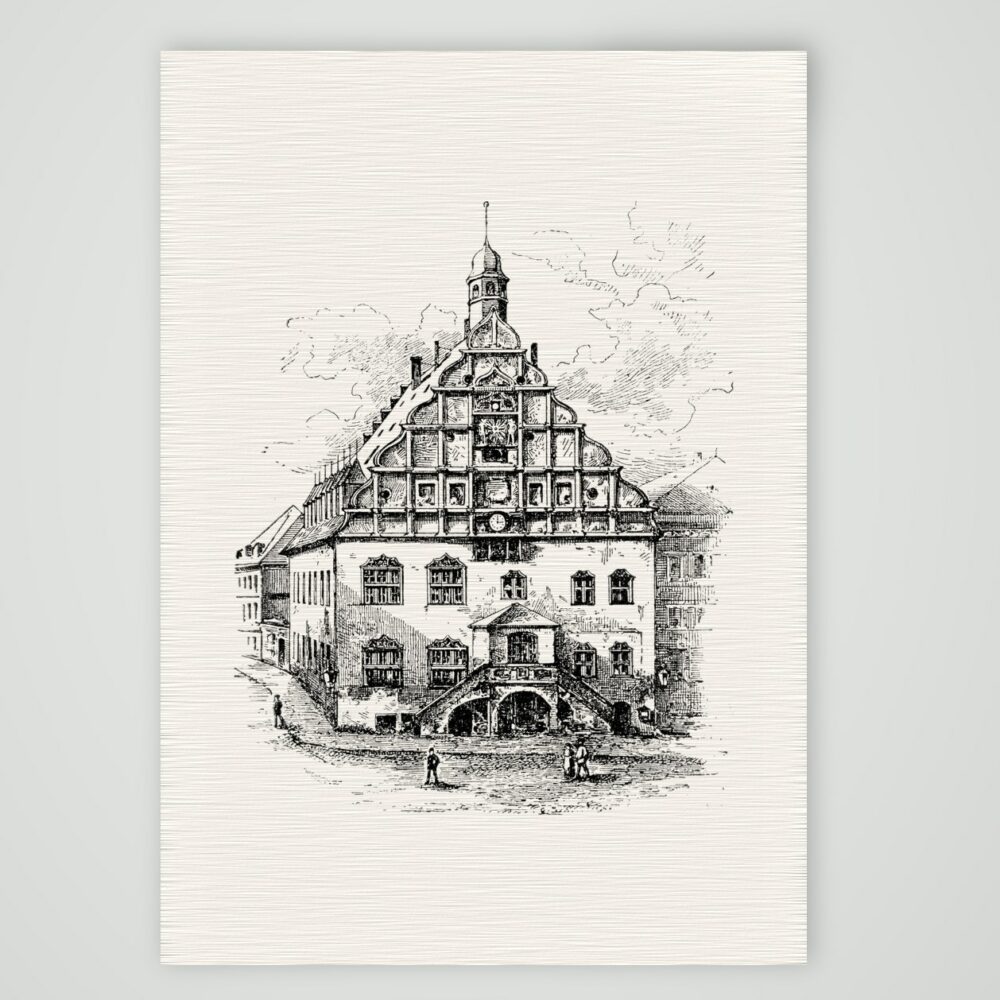 Plauen, das Alte Rathaus – Holzstich, Kunstdruck auf Leinenpapier