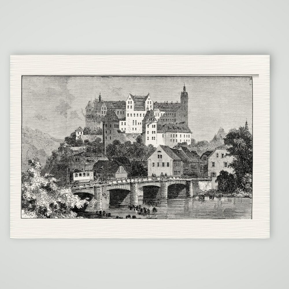 Schloss Colditz in früherer Gestalt – Holzstich, Kunstdruck auf Leinenpapier