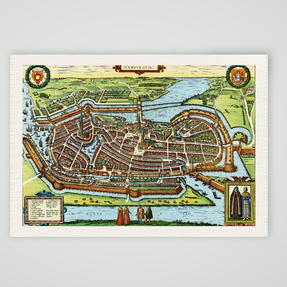 Hamburg Stadtplan nach Braun und Hogenberg – Farbiges Faksimile nach Braun und Hogenberg, Kunstdruck auf Leinenpapier