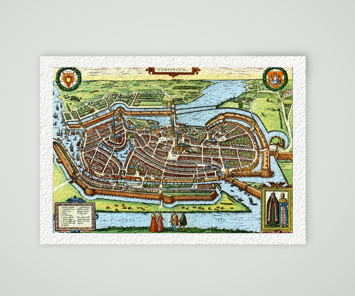 Hamburg Stadtplan nach Braun und Hogenberg – Farbiges Faksimile nach Braun und Hogenberg, Kunstdruck auf Hahnemühle-Büttenpapier