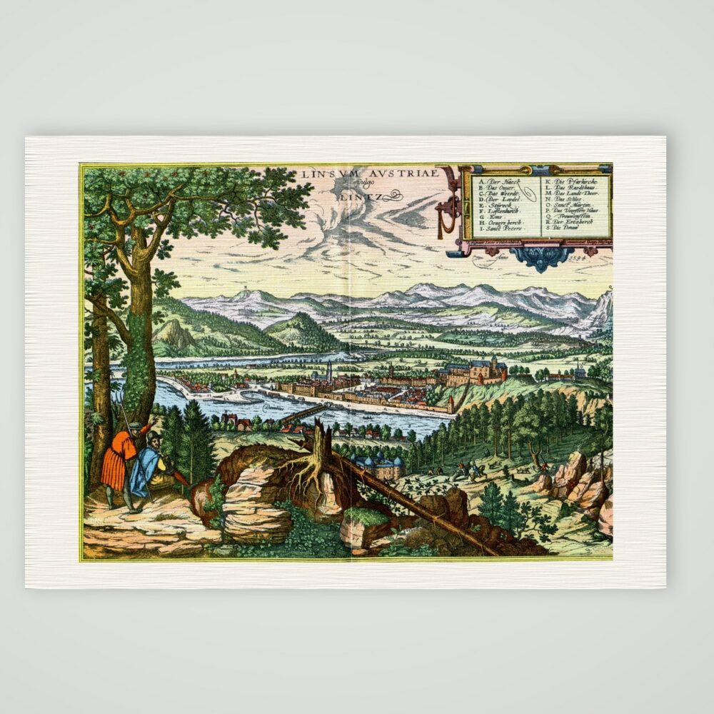 Linz an der Donau nach Braun und Hogenberg – Farbiges Faksimile nach Braun und Hogenberg, Kunstdruck auf Leinenpapier