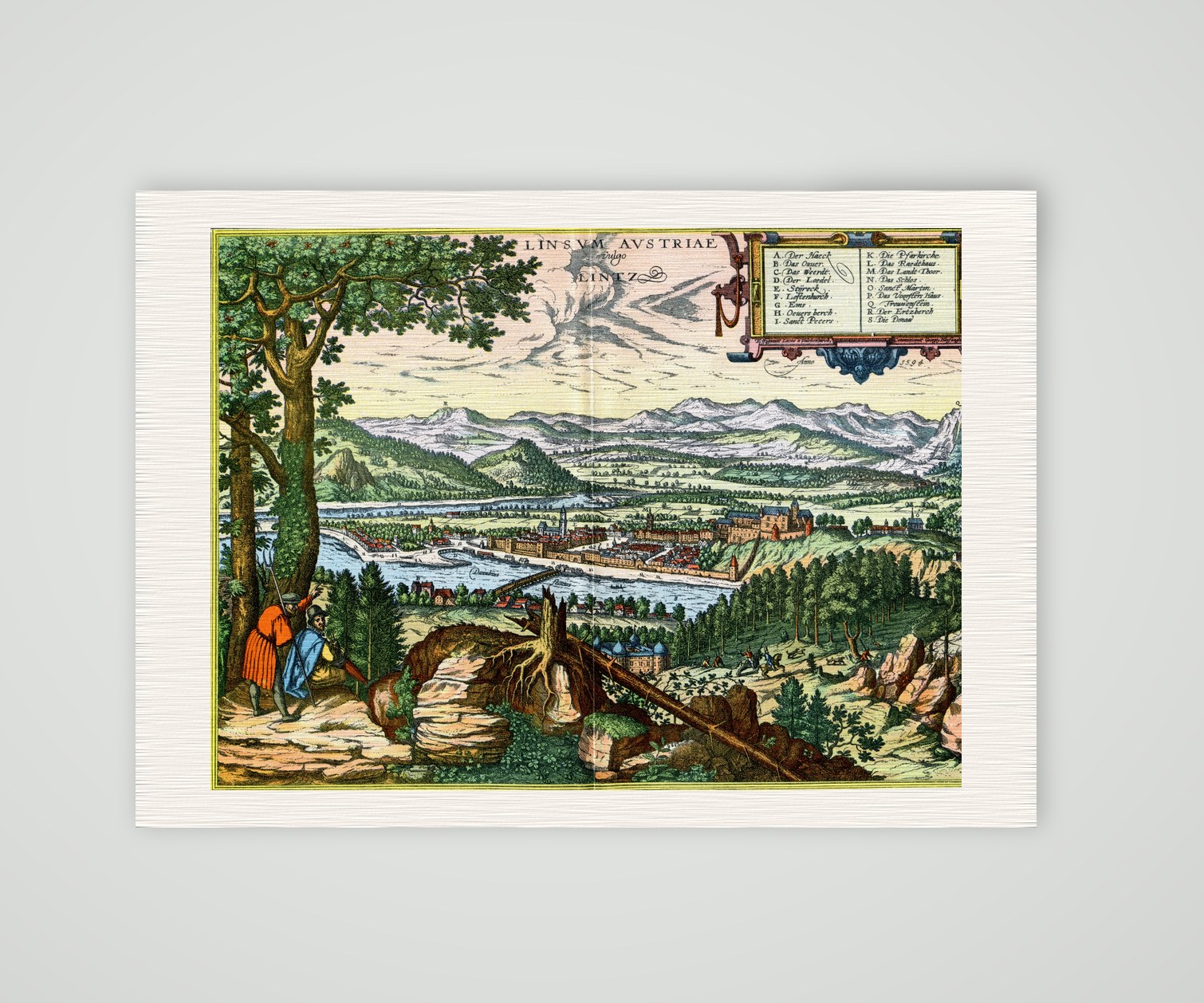 Linz an der Donau nach Braun und Hogenberg – Farbiges Faksimile nach Braun und Hogenberg, Kunstdruck auf Leinenpapier