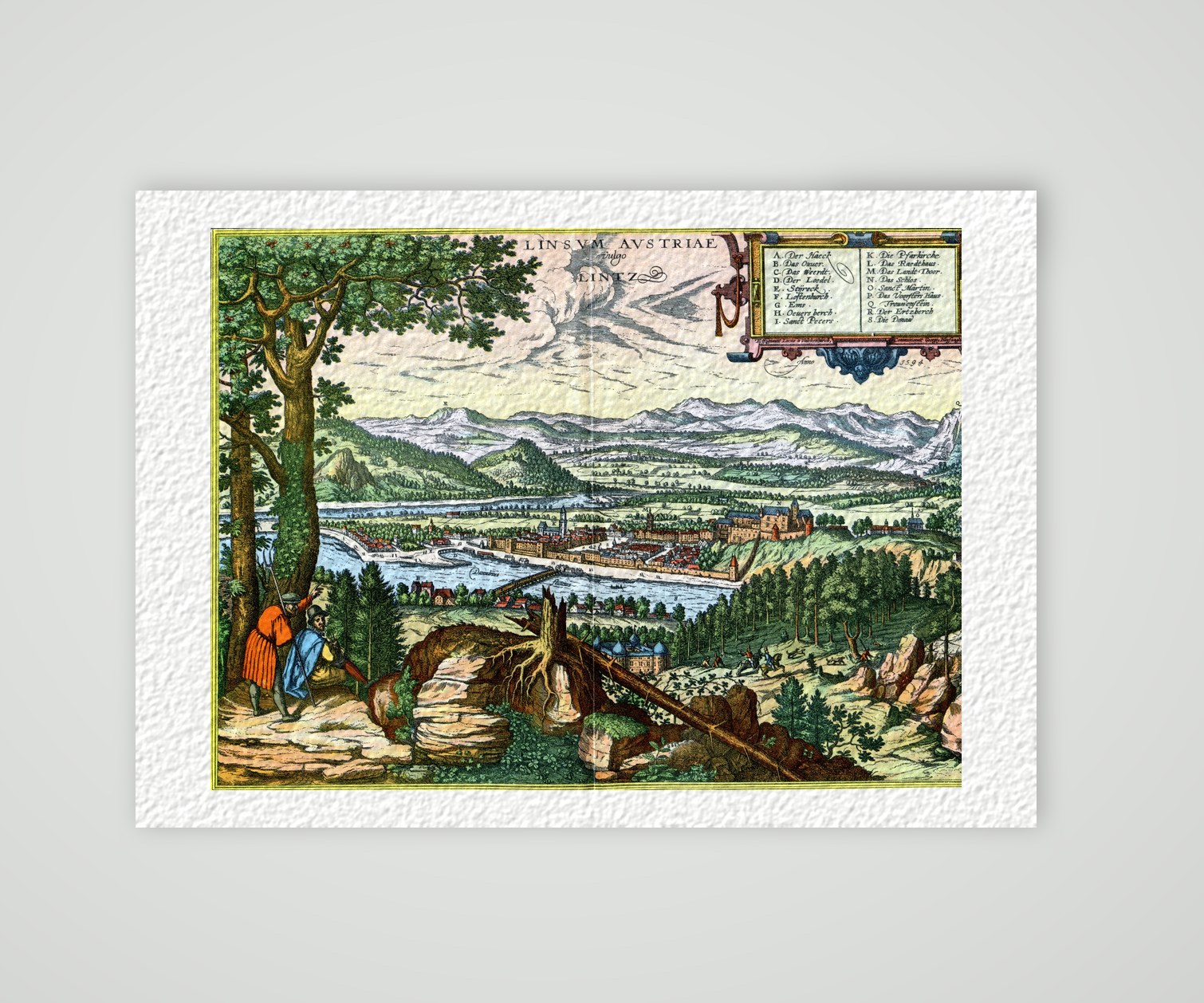 Linz an der Donau nach Braun und Hogenberg – Farbiges Faksimile nach Braun und Hogenberg, Kunstdruck auf Hahnemühle-Büttenpapier