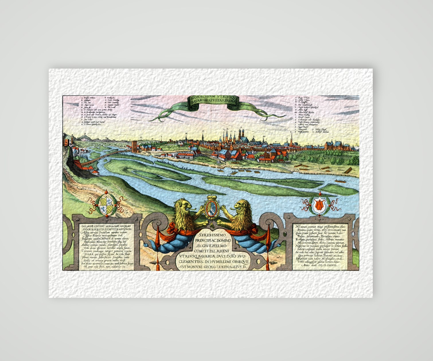 München nach Braun und Hogenberg (1586) – Farbiges Faksimile nach Braun und Hogenberg, Kunstdruck auf Hahnemühle-Büttenpapier