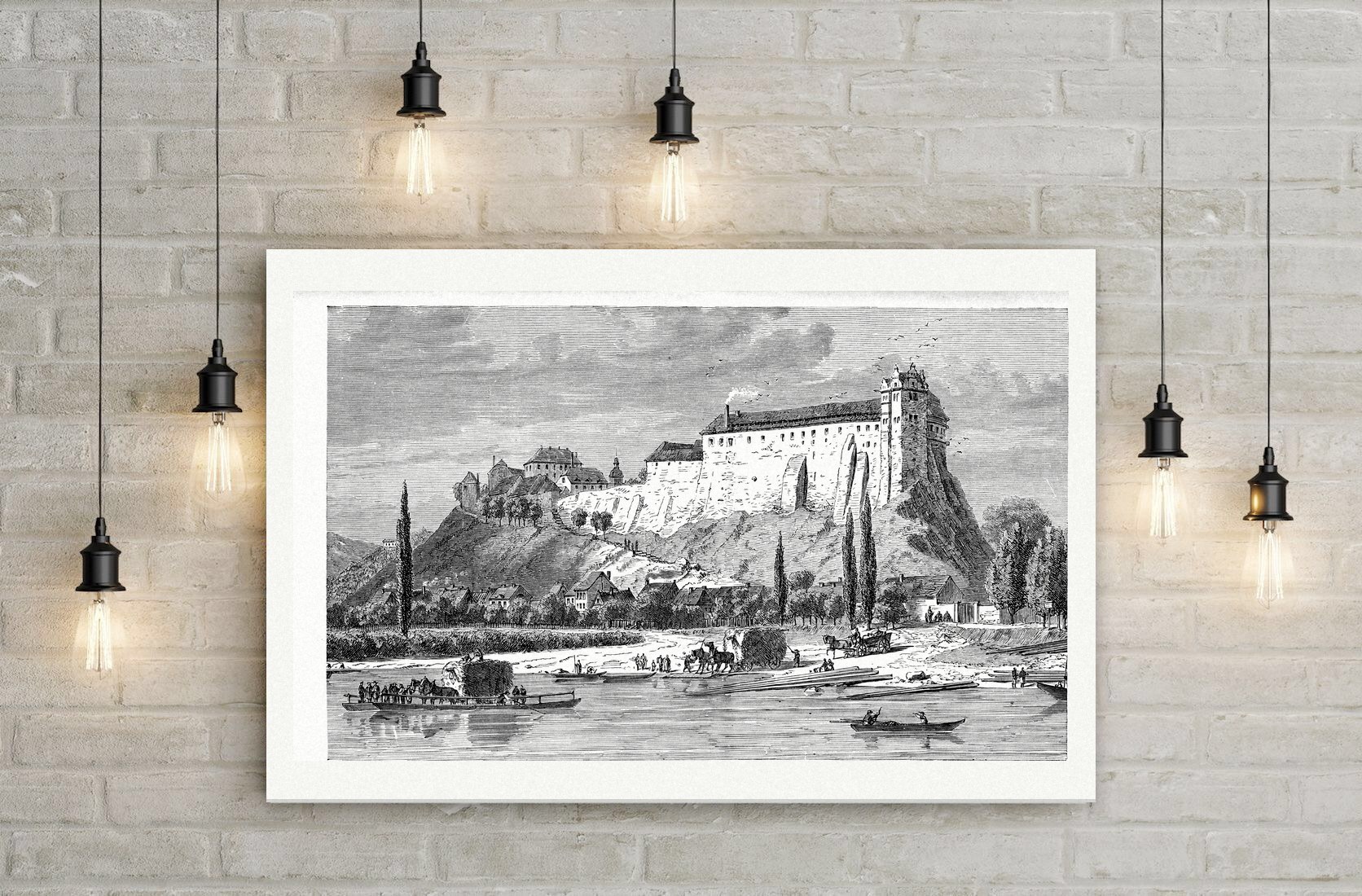 Burg Wettin an der Saale – Holzstich, Leinwanddruck auf Holzkeilrahmen an der Wand