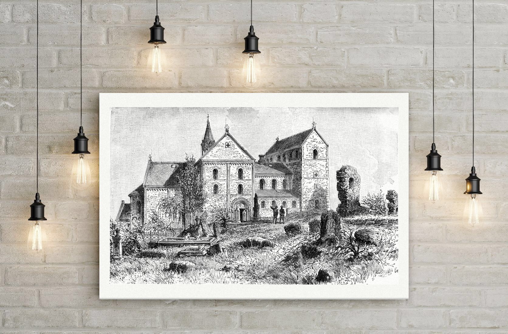 Die Peterskirche auf dem Petersberg bei Halle – Holzstich, Leinwanddruck auf Holzkeilrahmen an der Wand