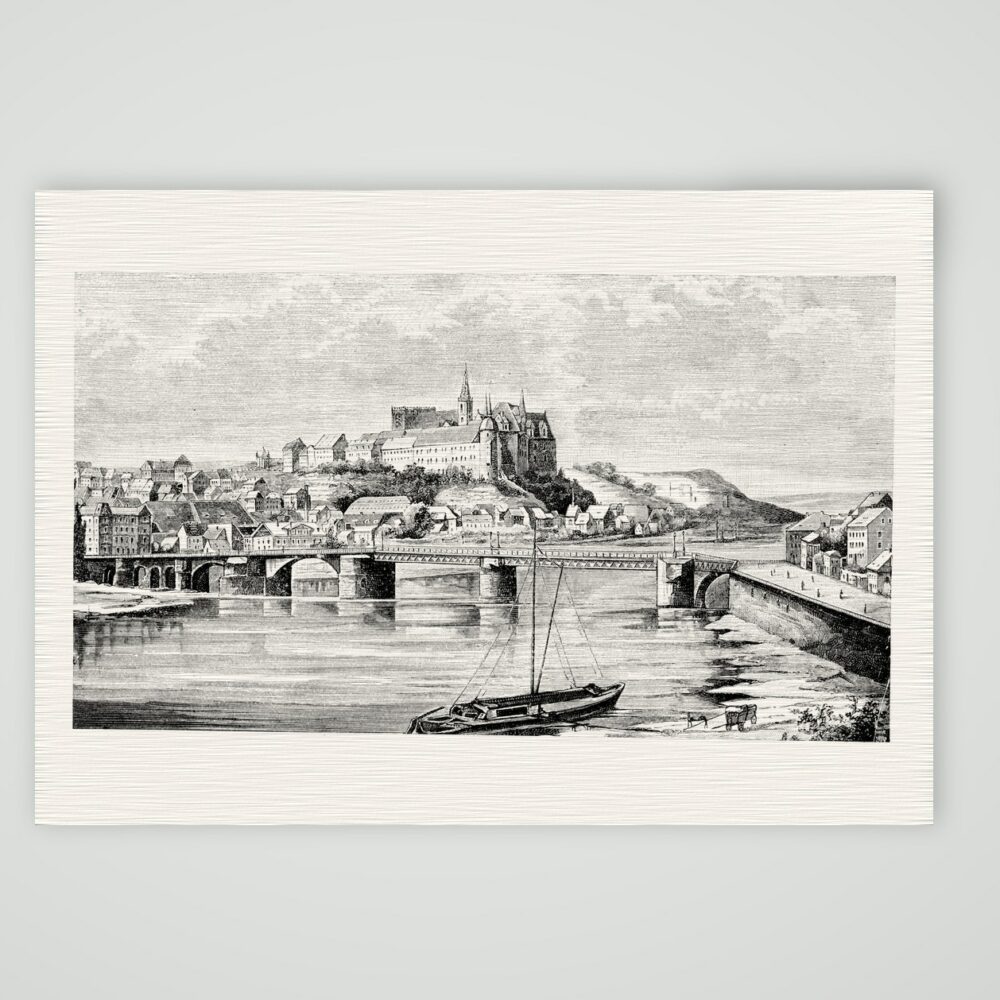 Meißen, Ansicht von der Elbe mit der Steinbrücke – Holzstich, Kunstdruck auf Leinenpapier