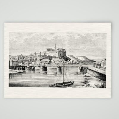 Meißen, Ansicht von der Elbe mit der Steinbrücke – Holzstich, Kunstdruck auf Leinenpapier