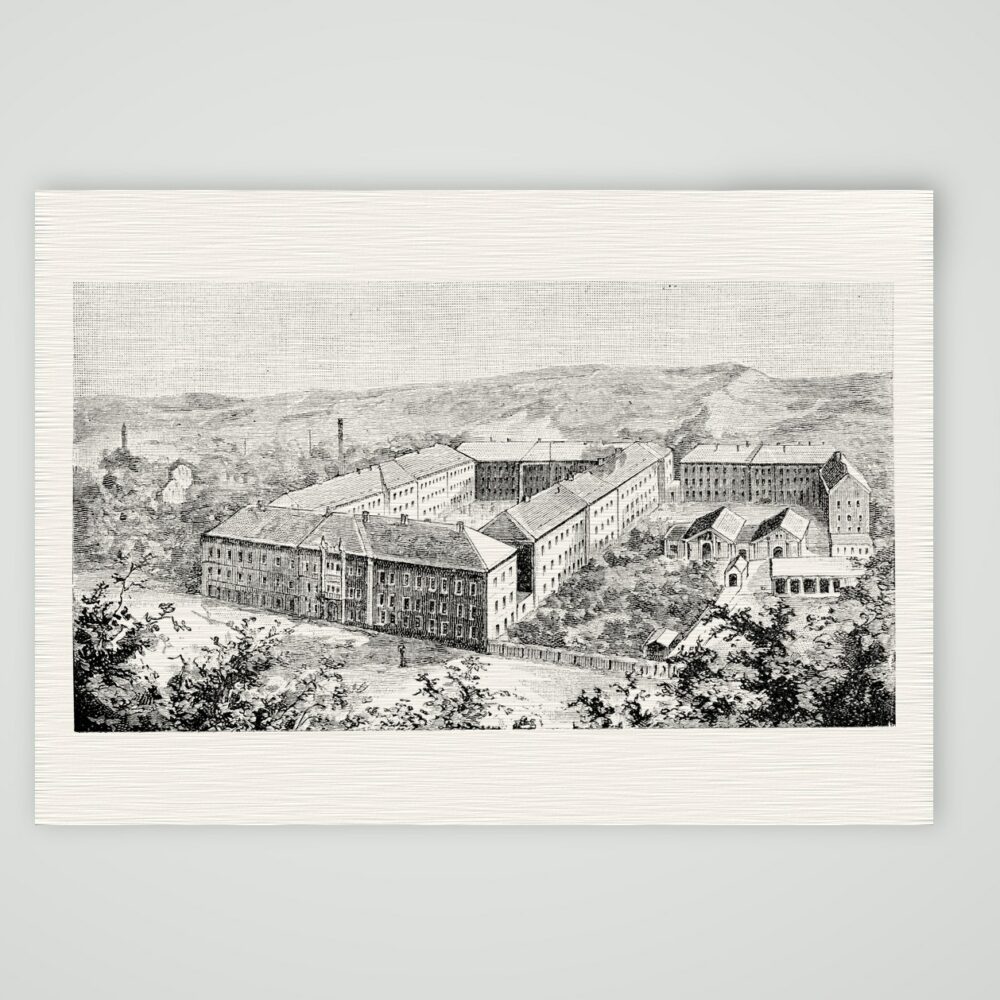 Meißen, die Porzellanmanufaktur im Triebischtal – Holzstich, Kunstdruck auf Leinenpapier