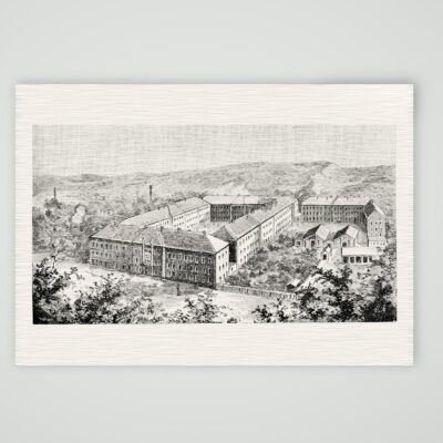 Meißen, die Porzellanmanufaktur im Triebischtal – Holzstich, Kunstdruck auf Leinenpapier