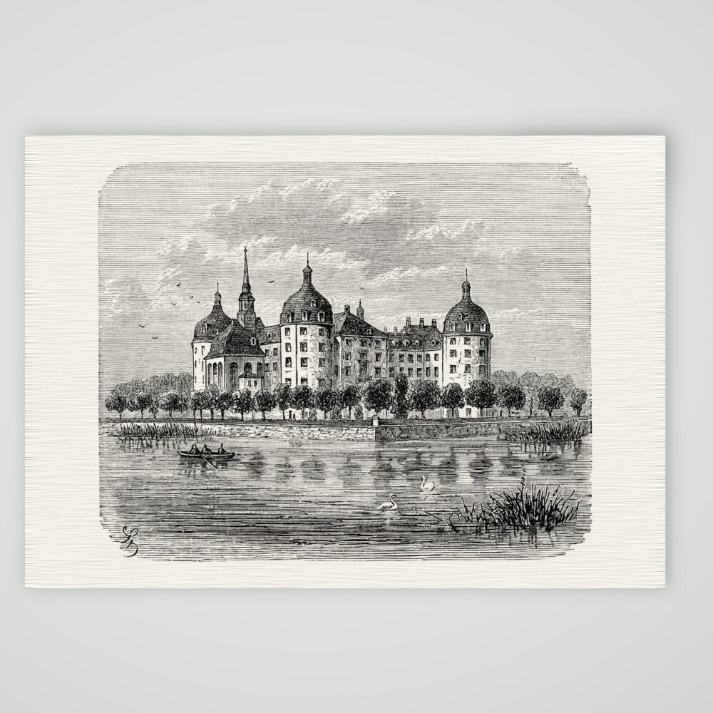 Jagdschloss Moritzburg – Holzstich, Kunstdruck auf Leinenpapier