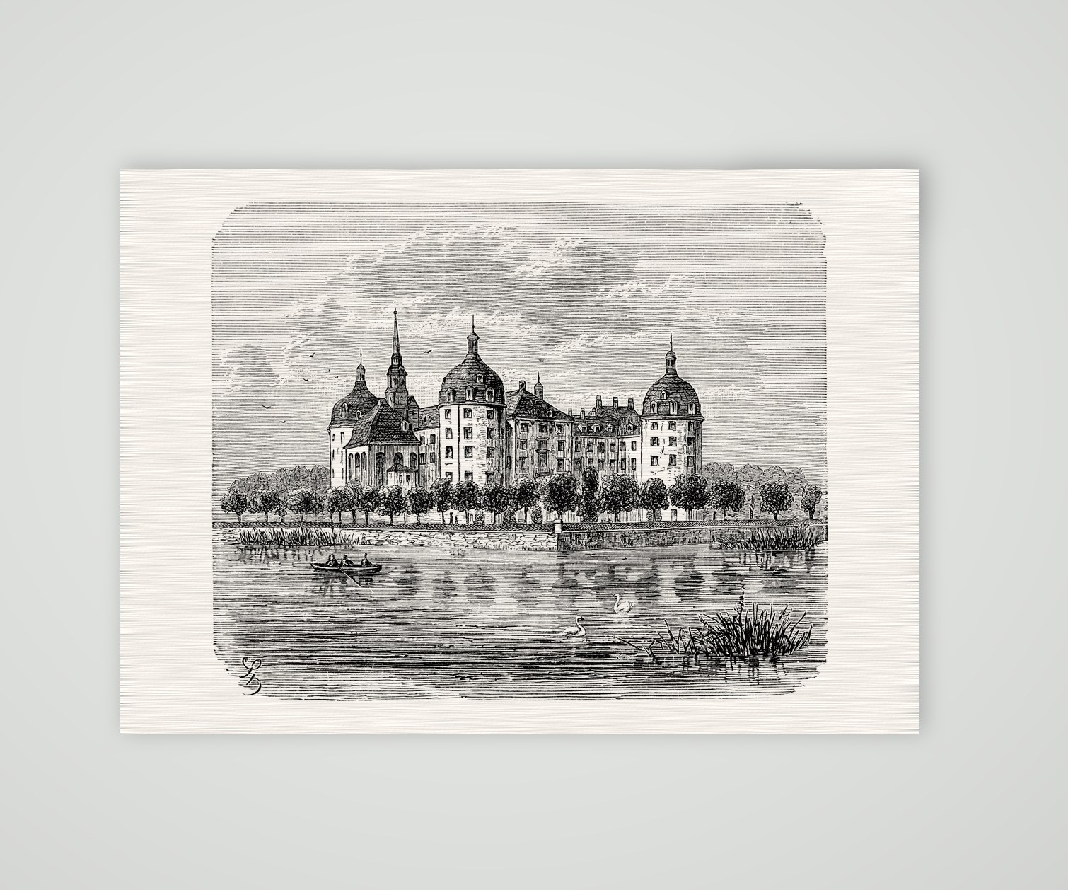 Jagdschloss Moritzburg – Holzstich, Kunstdruck auf Leinenpapier