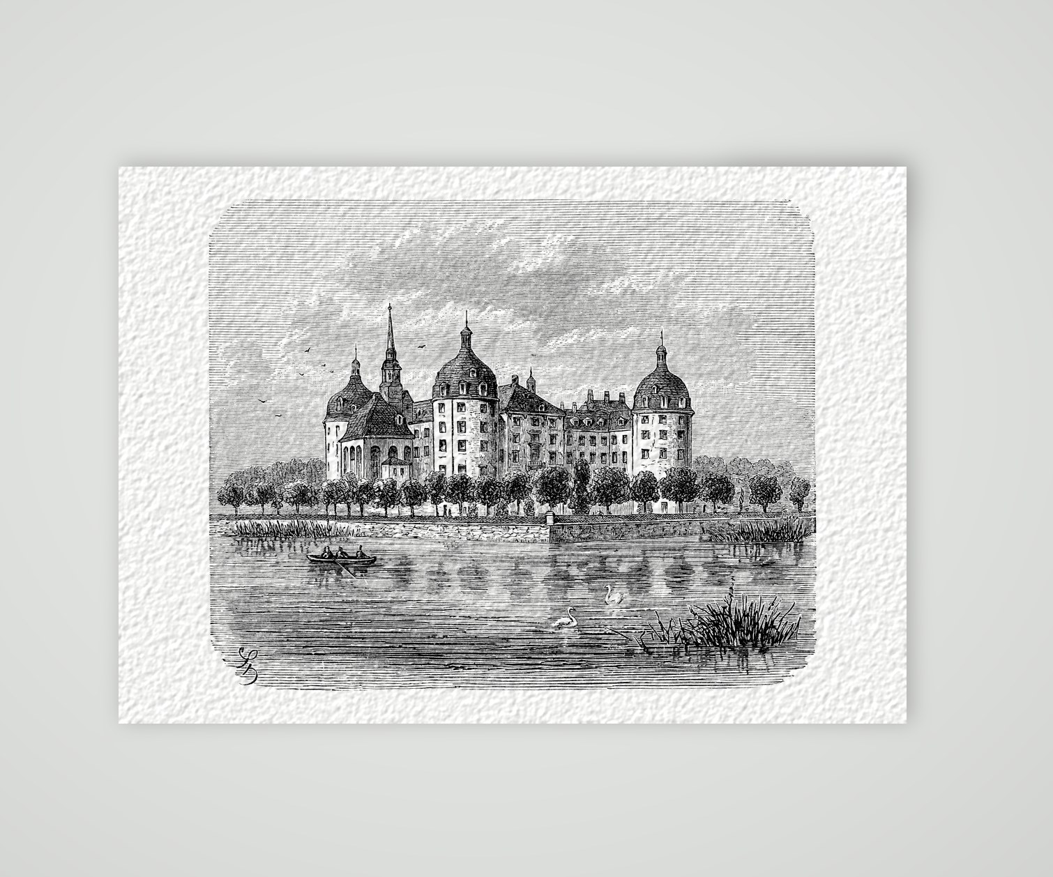 Jagdschloss Moritzburg – Holzstich, Kunstdruck auf Hahnemühle-Büttenpapier