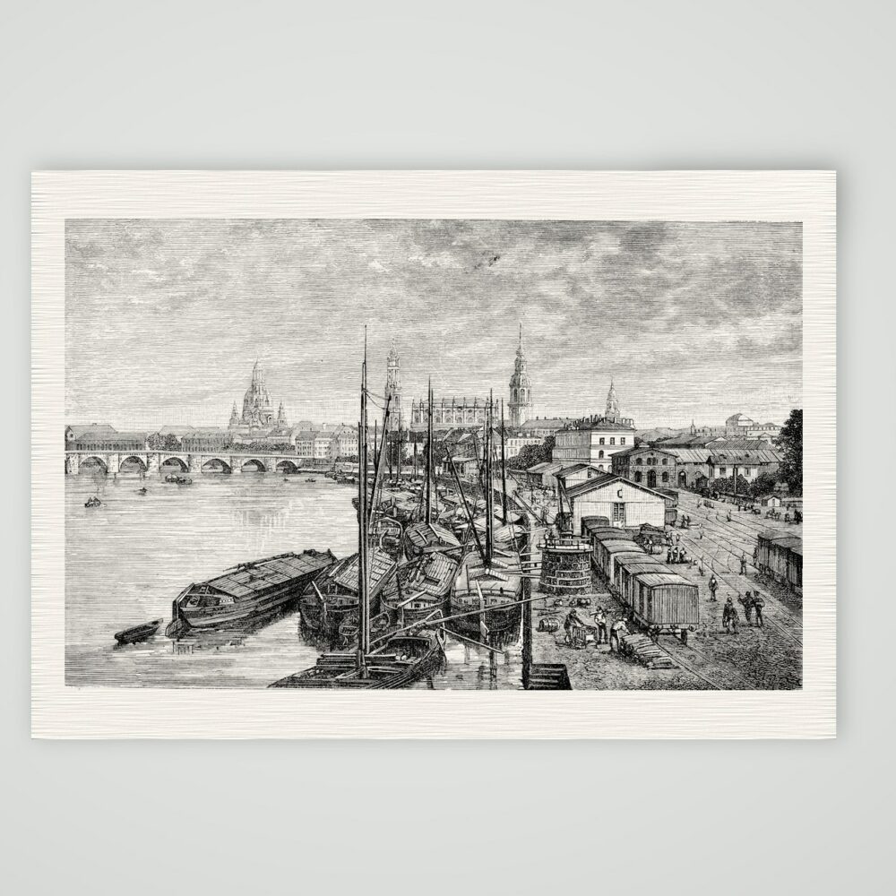 Dresden, die Augustusbrücke von der Marienbrücke – Holzstich, Kunstdruck auf Leinenpapier