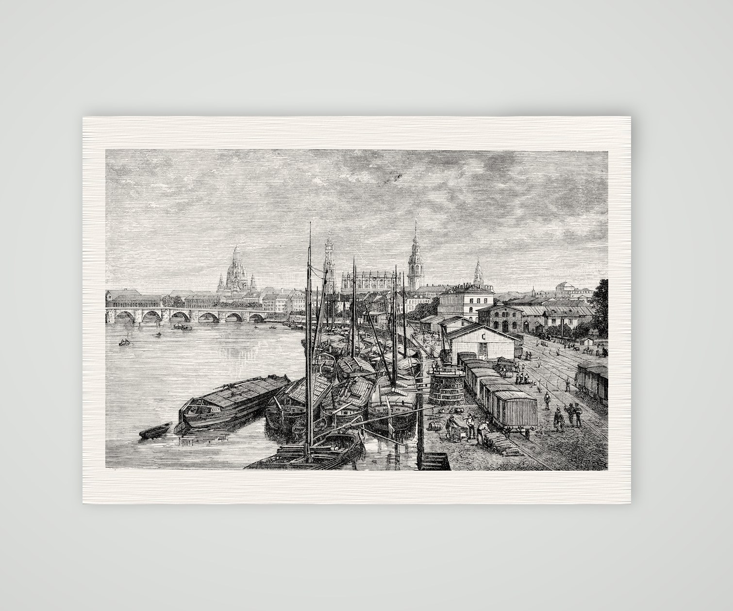 Dresden, die Augustusbrücke von der Marienbrücke – Holzstich, Kunstdruck auf Leinenpapier