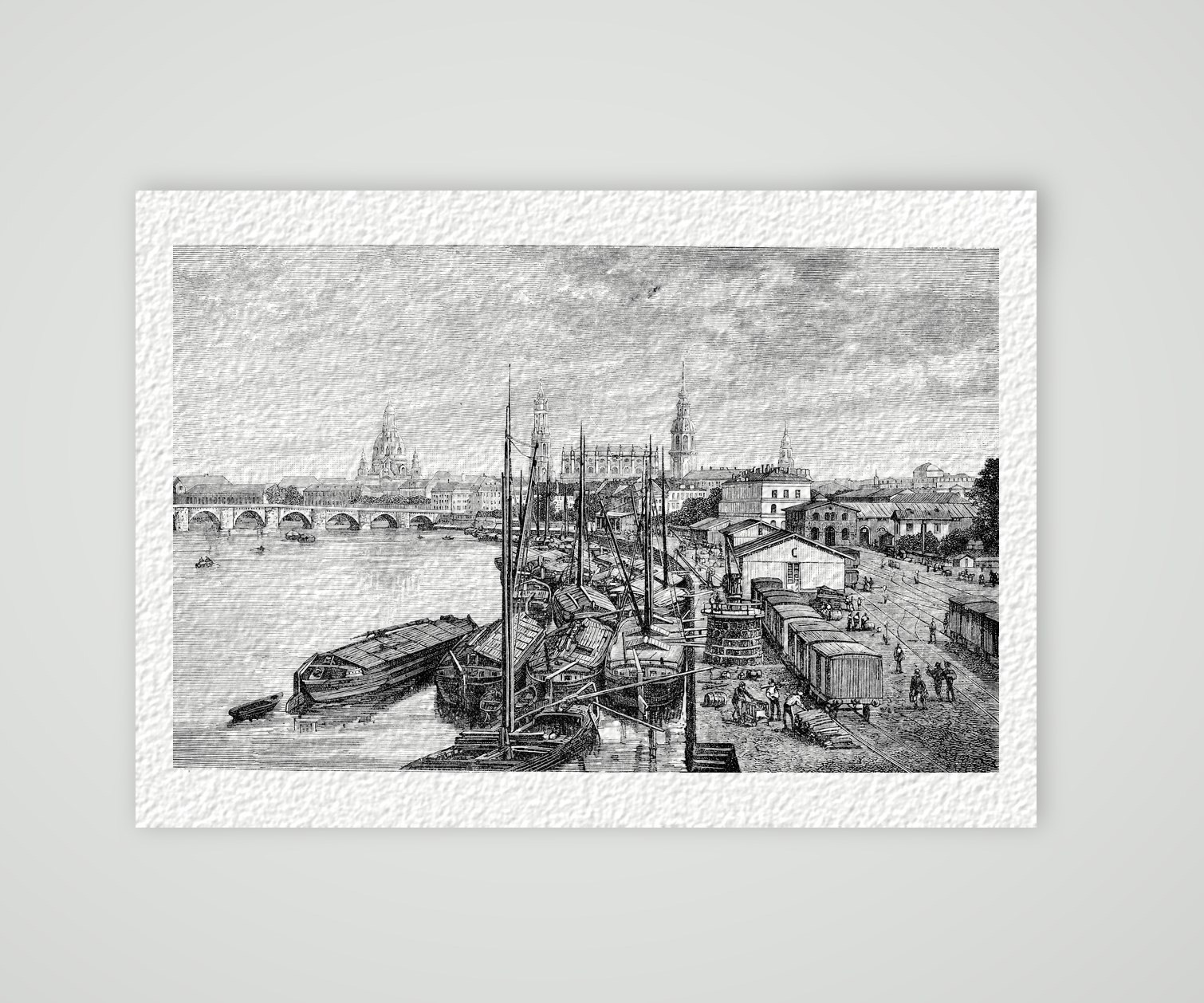 Dresden, die Augustusbrücke von der Marienbrücke – Holzstich, Kunstdruck auf Hahnemühle-Büttenpapier