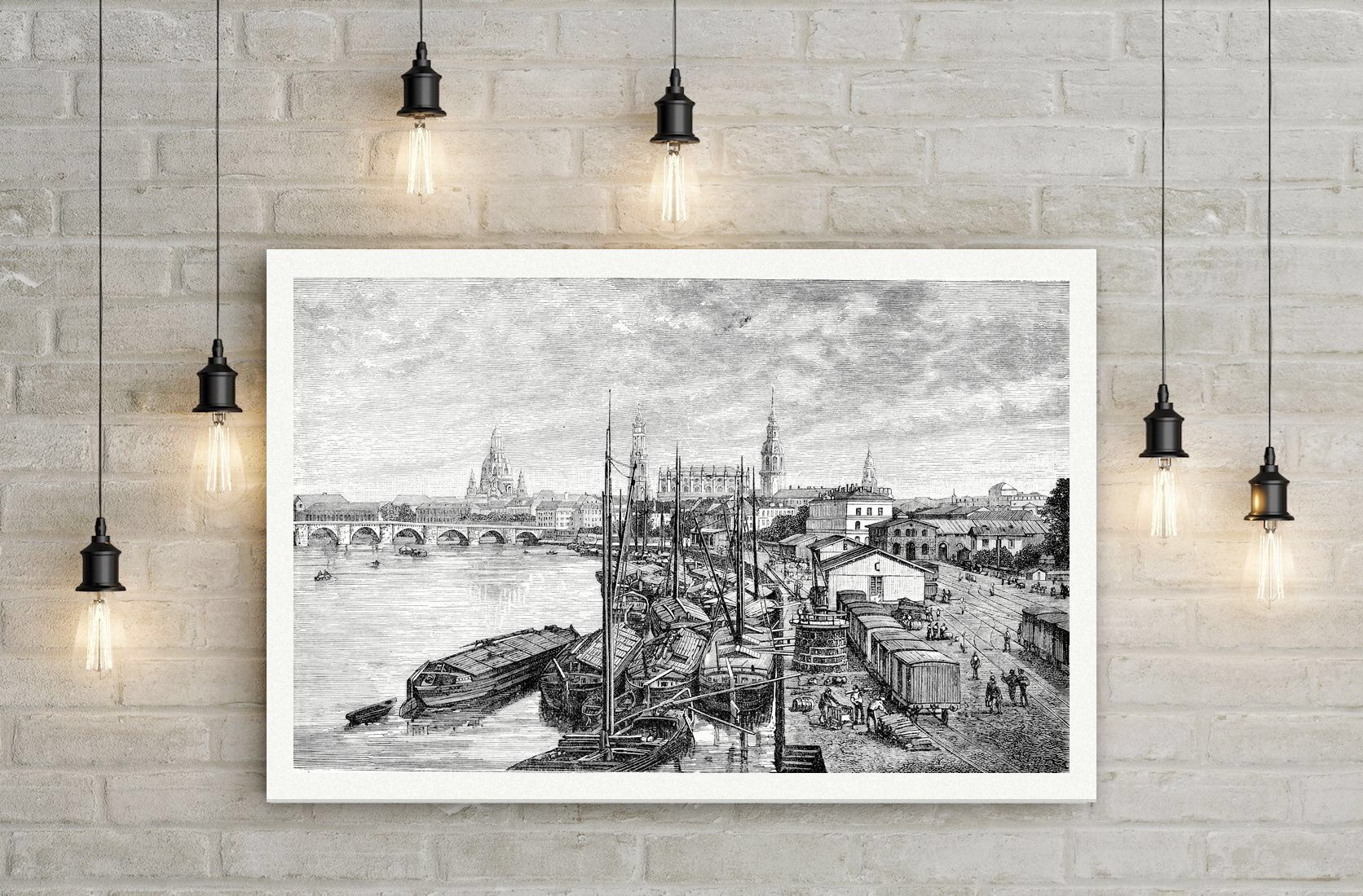 Dresden, die Augustusbrücke von der Marienbrücke – Holzstich, Leinwanddruck auf Holzkeilrahmen an der Wand