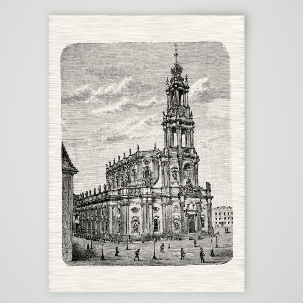 Dresden, die Katholische Hofkirche – Holzstich, Kunstdruck auf Leinenpapier
