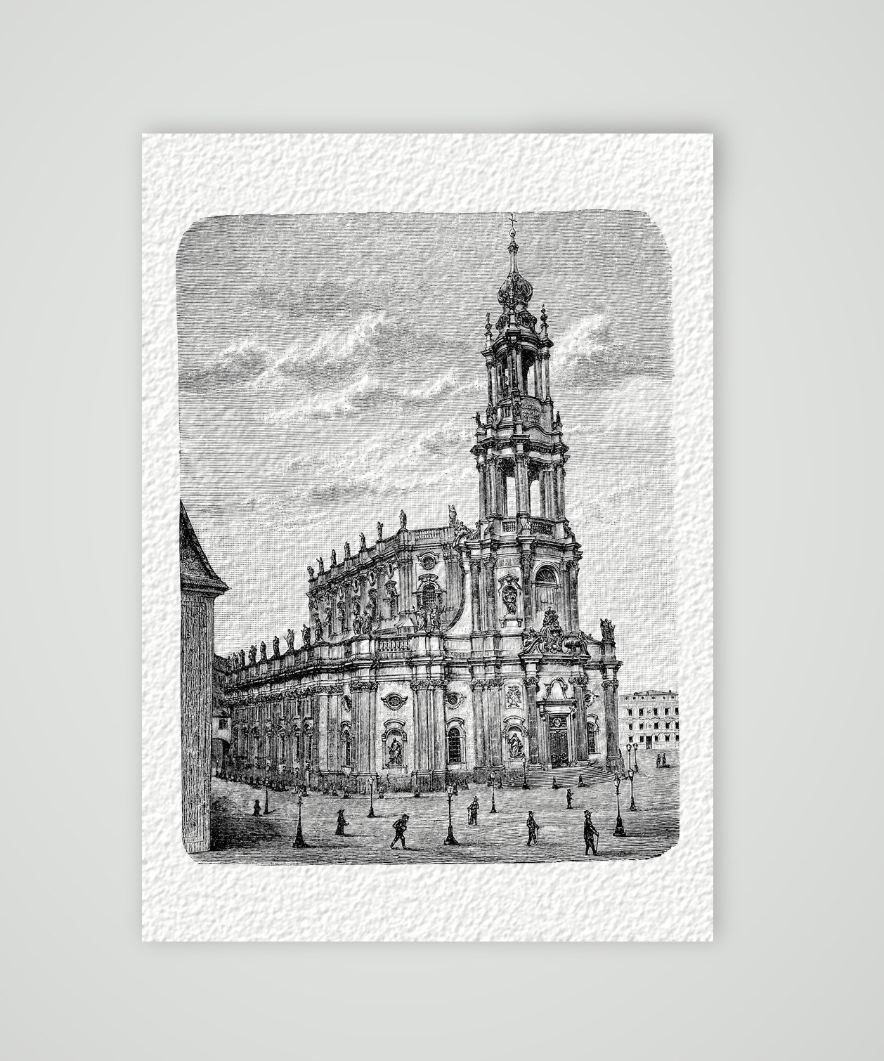 Dresden, die Katholische Hofkirche – Holzstich, Kunstdruck auf Hahnemühle-Büttenpapier