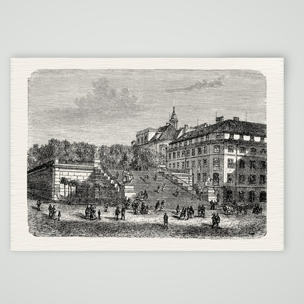 Dresden, die Treppe zur Brühlschen Terrasse – Holzstich, Kunstdruck auf Leinenpapier