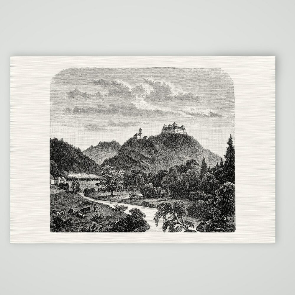 Schloss Augustusburg über dem Zschopautal – Holzstich, Kunstdruck auf Leinenpapier