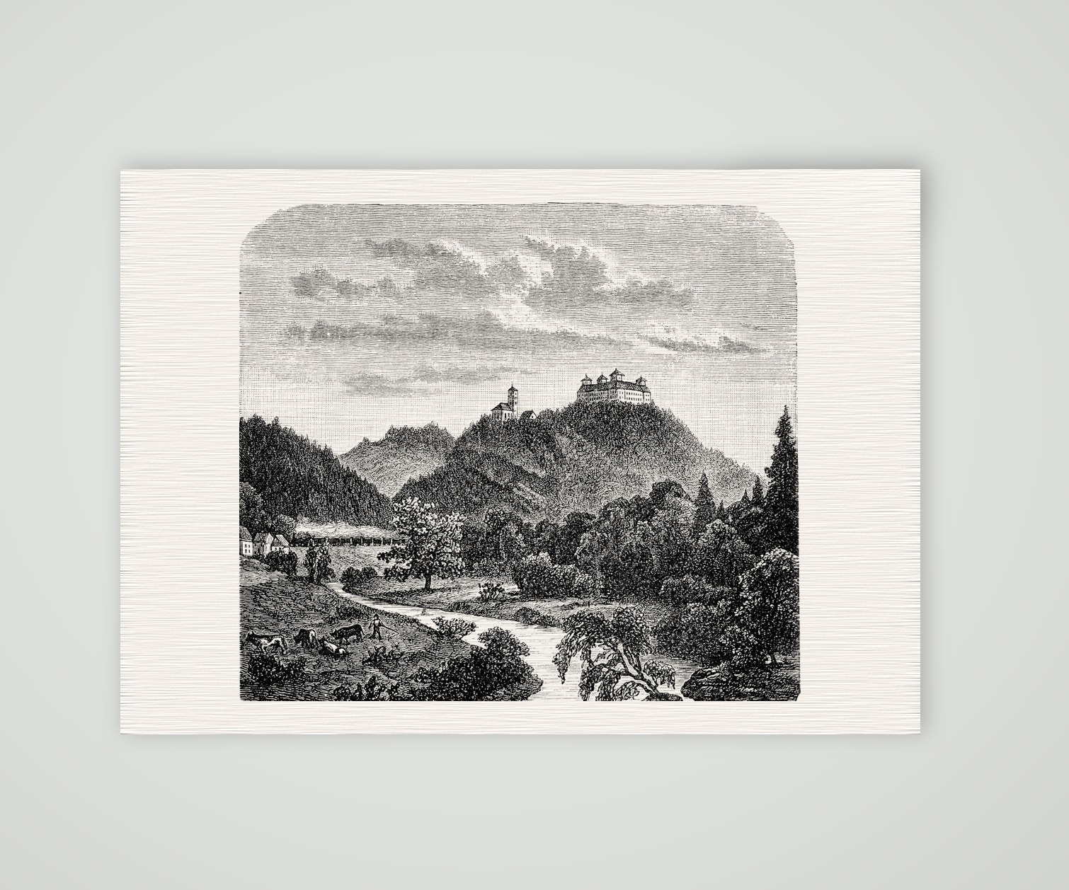 Schloss Augustusburg über dem Zschopautal – Holzstich, Kunstdruck auf Leinenpapier