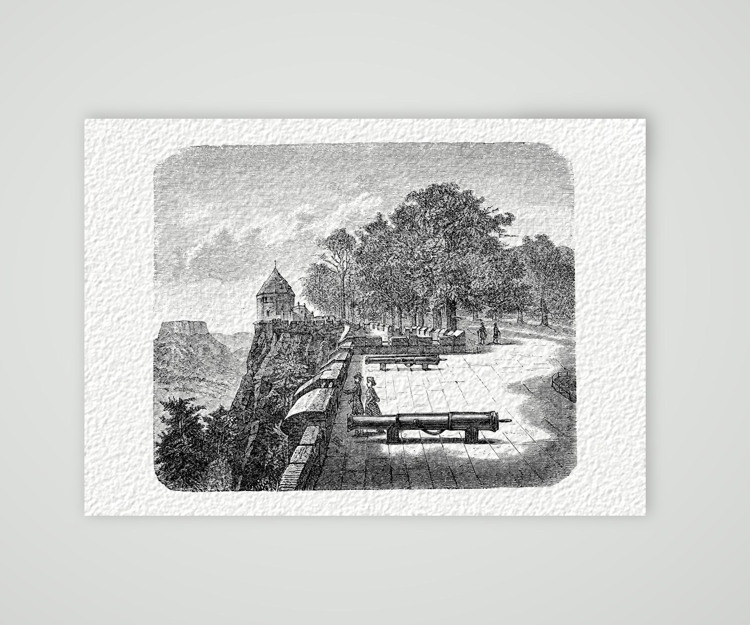 Auf der Plattform der Festung Königstein – Holzstich, Kunstdruck auf Hahnemühle-Büttenpapier