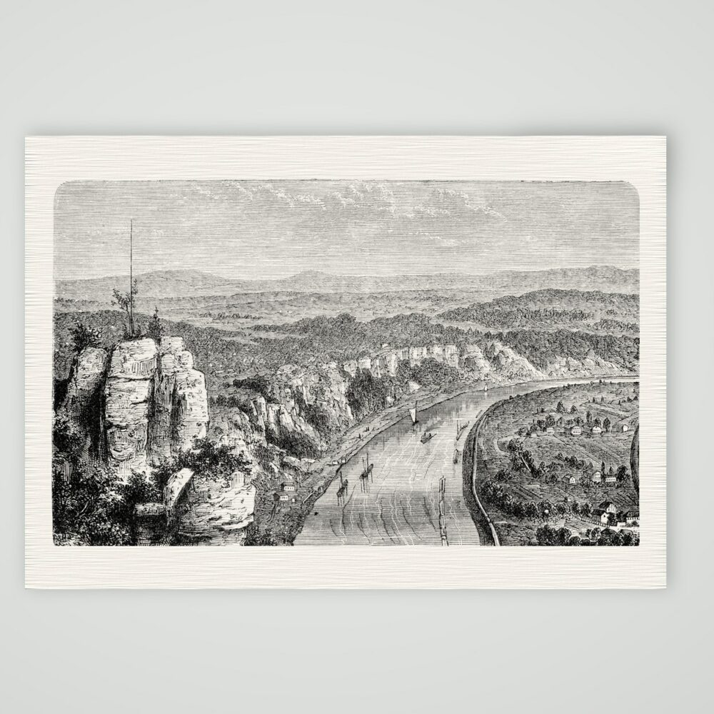 Blick von der Bastei auf die Elbe – Holzstich, Kunstdruck auf Leinenpapier
