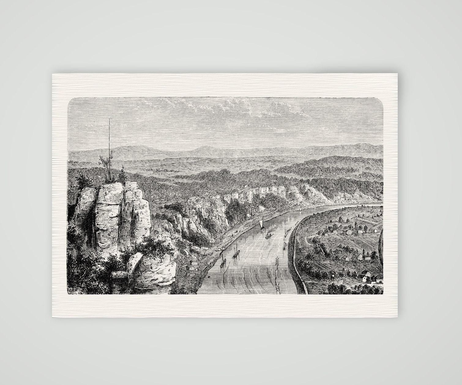Blick von der Bastei auf die Elbe – Holzstich, Kunstdruck auf Leinenpapier