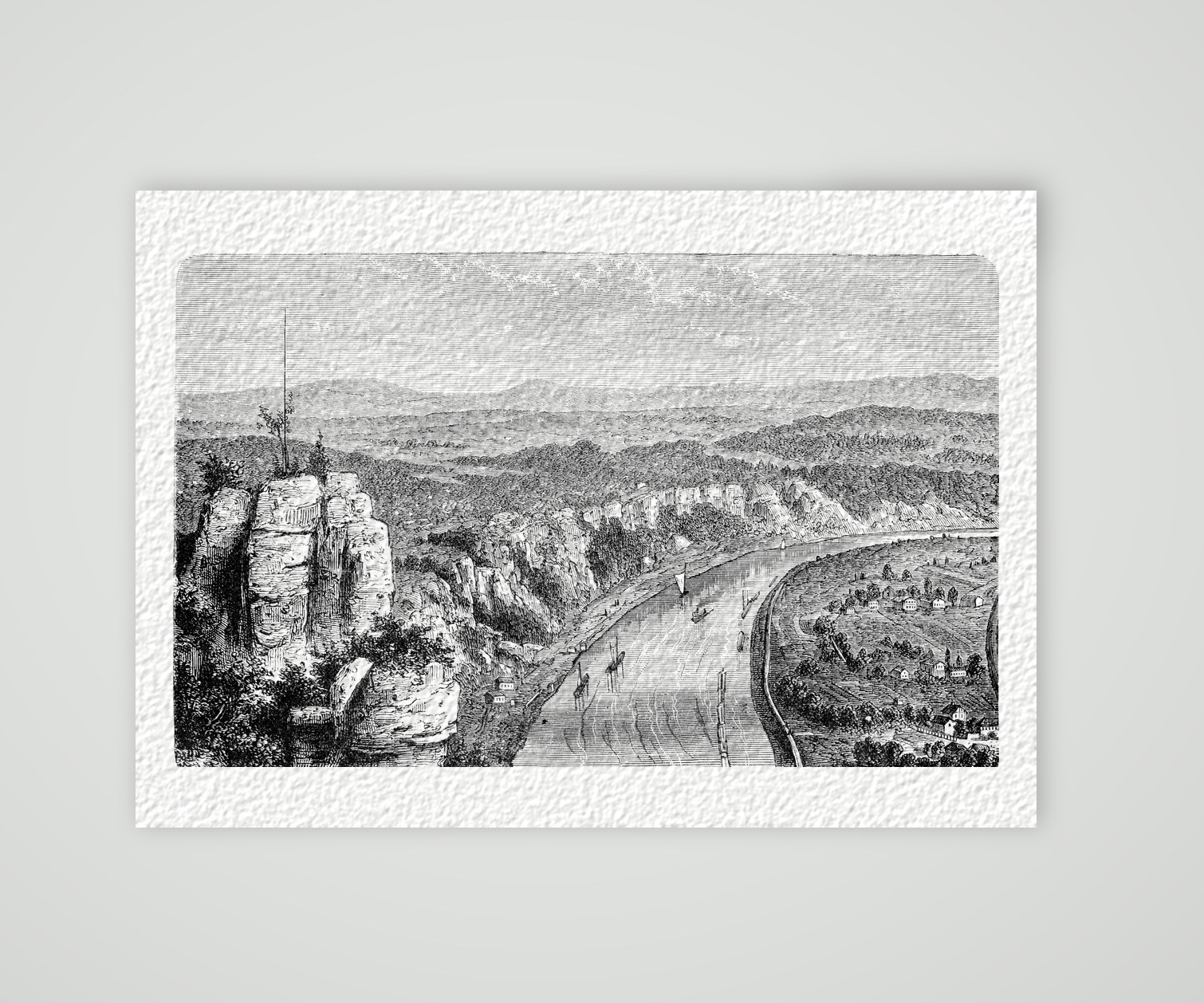 Blick von der Bastei auf die Elbe – Holzstich, Kunstdruck auf Hahnemühle-Büttenpapier