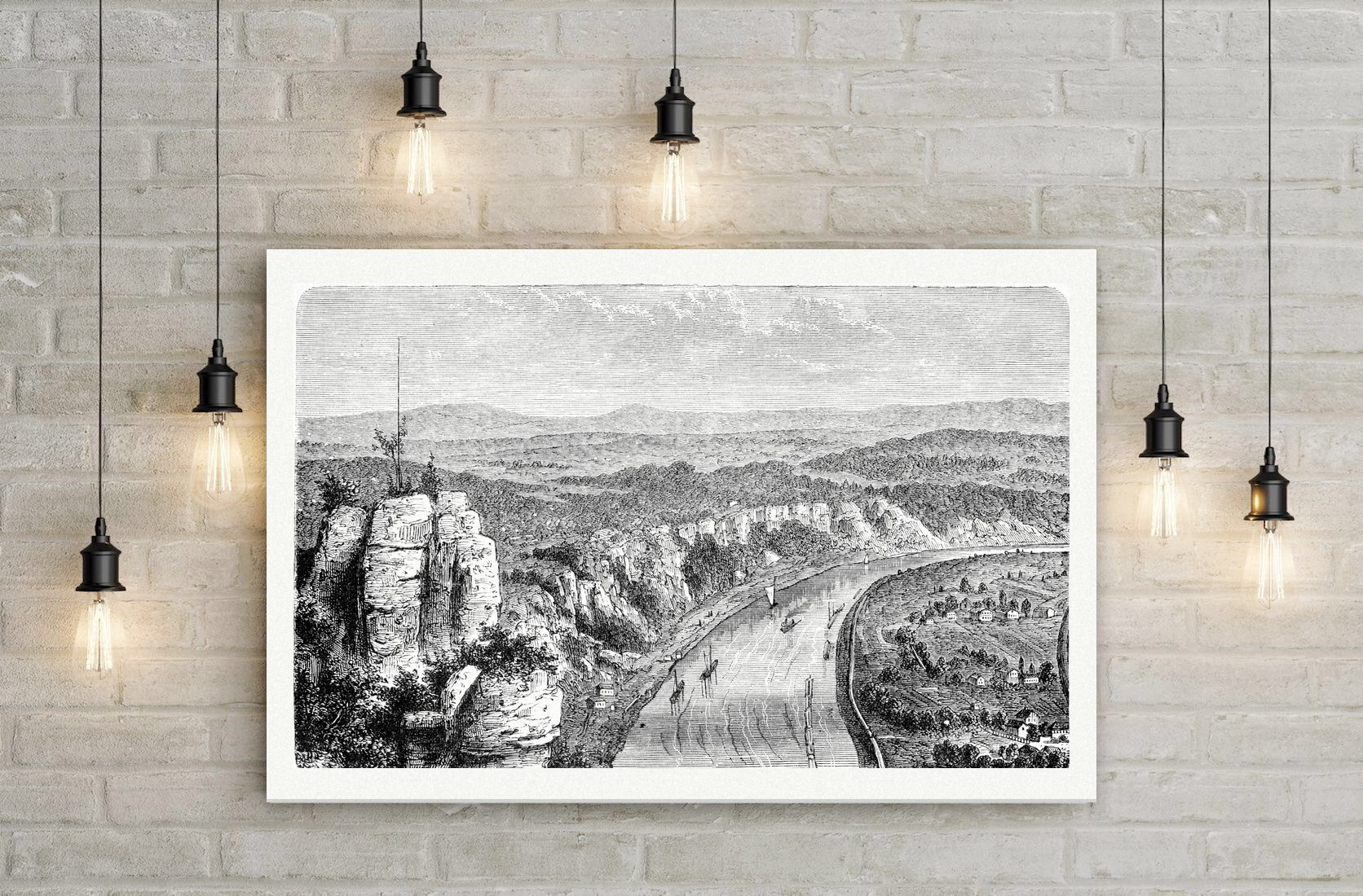 Blick von der Bastei auf die Elbe – Holzstich, Leinwanddruck auf Holzkeilrahmen an der Wand