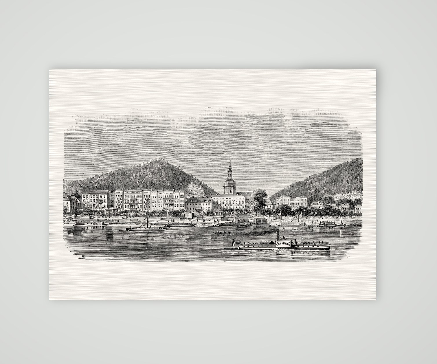 Bad Schandau von der Elbe aus – Holzstich, Kunstdruck auf Leinenpapier