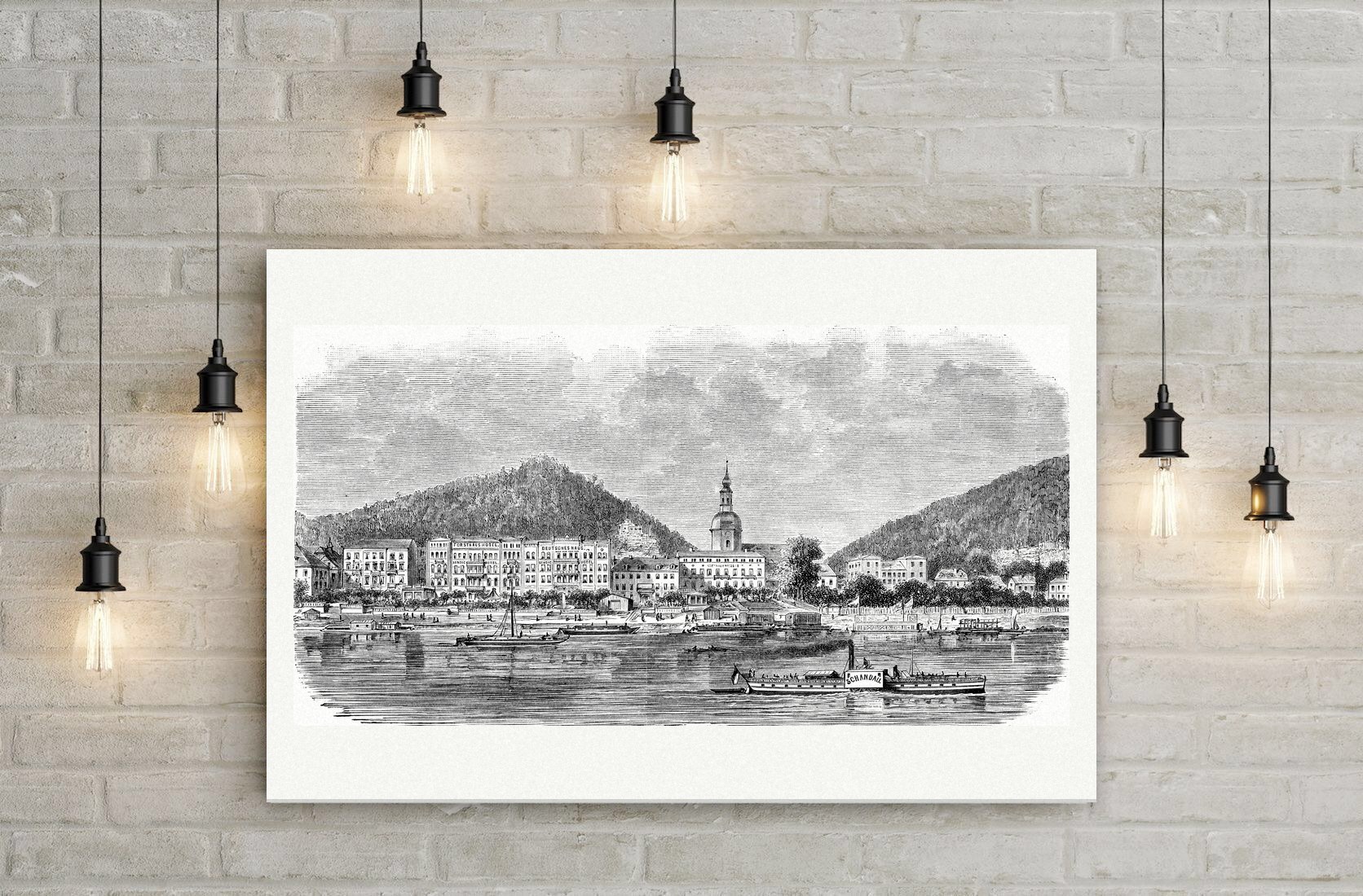 Bad Schandau von der Elbe aus – Holzstich, Leinwanddruck auf Holzkeilrahmen an der Wand