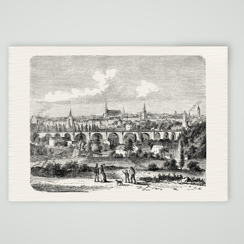 Bautzen von der Südseite mit dem Viadukt – Holzstich, Kunstdruck auf Leinenpapier