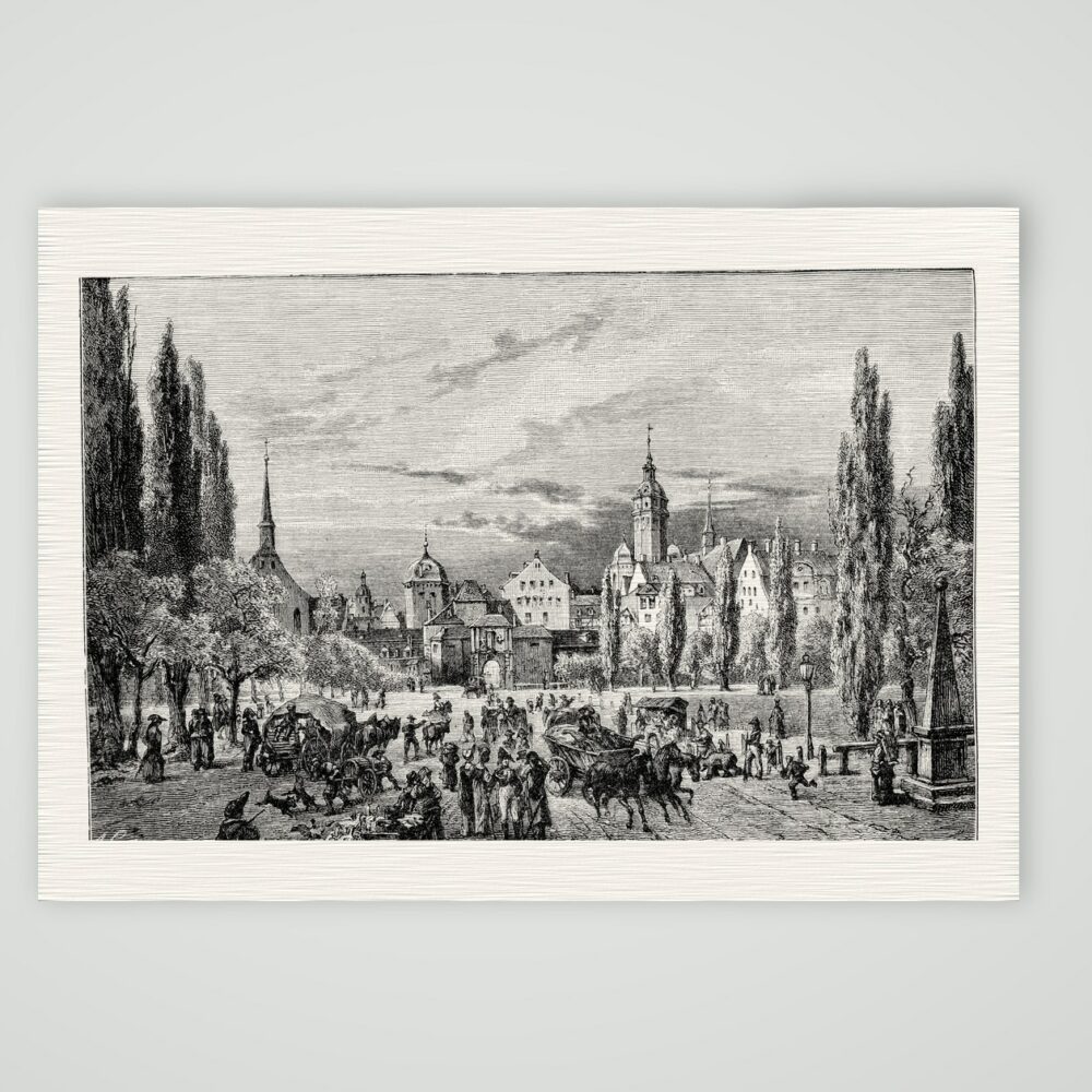 Leipzig, der Augustusplatz um 1800 – Holzstich, Kunstdruck auf Leinenpapier