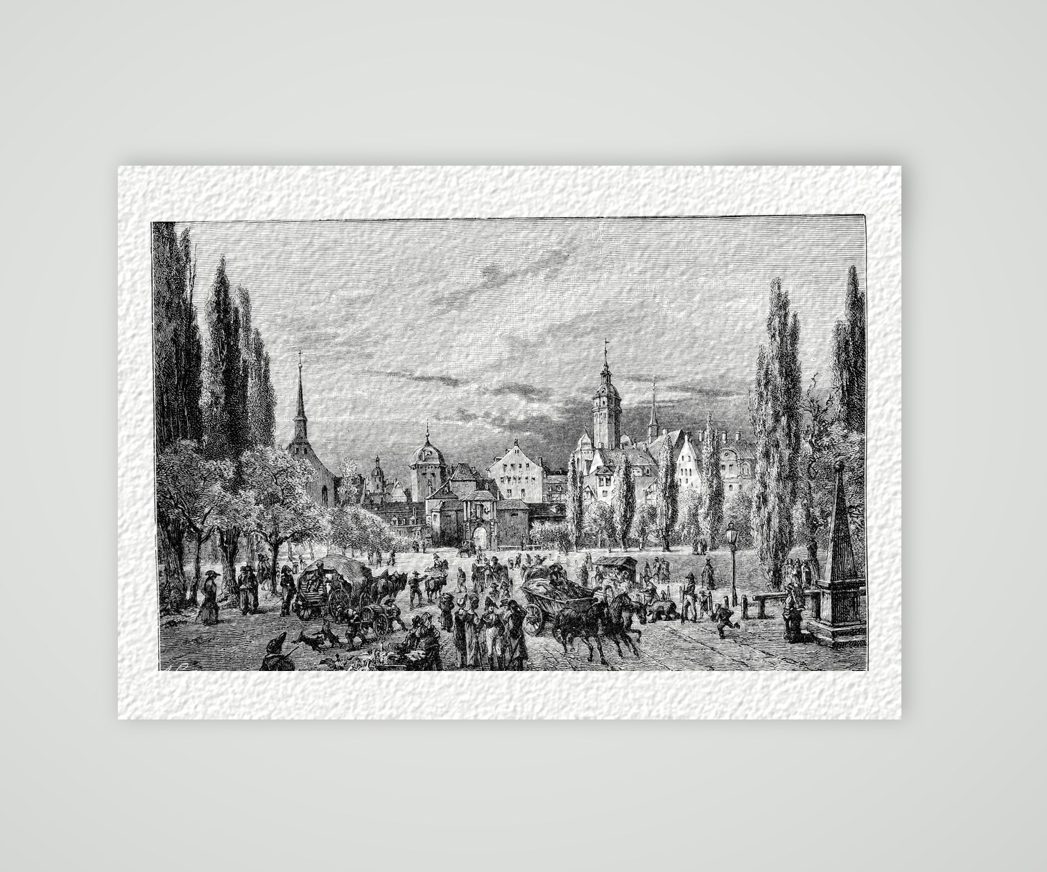 Leipzig, der Augustusplatz um 1800 – Holzstich, Kunstdruck auf Hahnemühle-Büttenpapier
