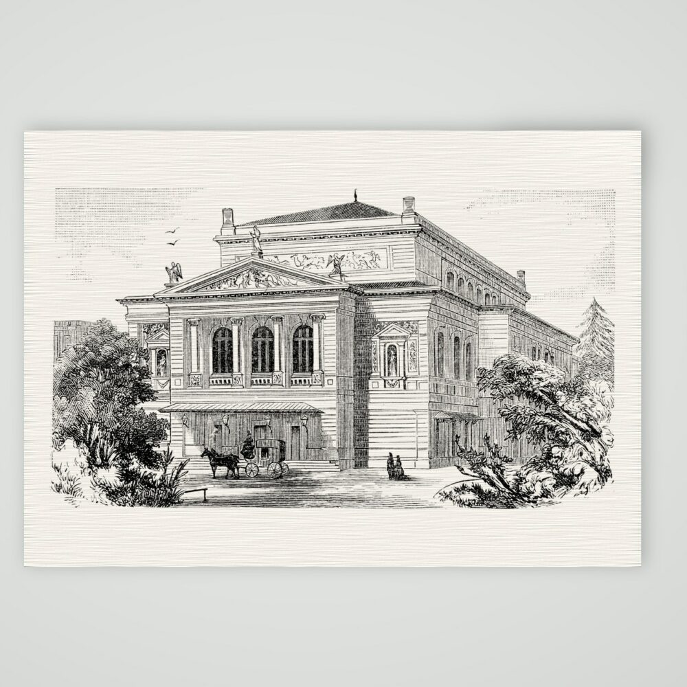 Leipzig, das Neue Gewandhaus – Holzstich, Kunstdruck auf Leinenpapier
