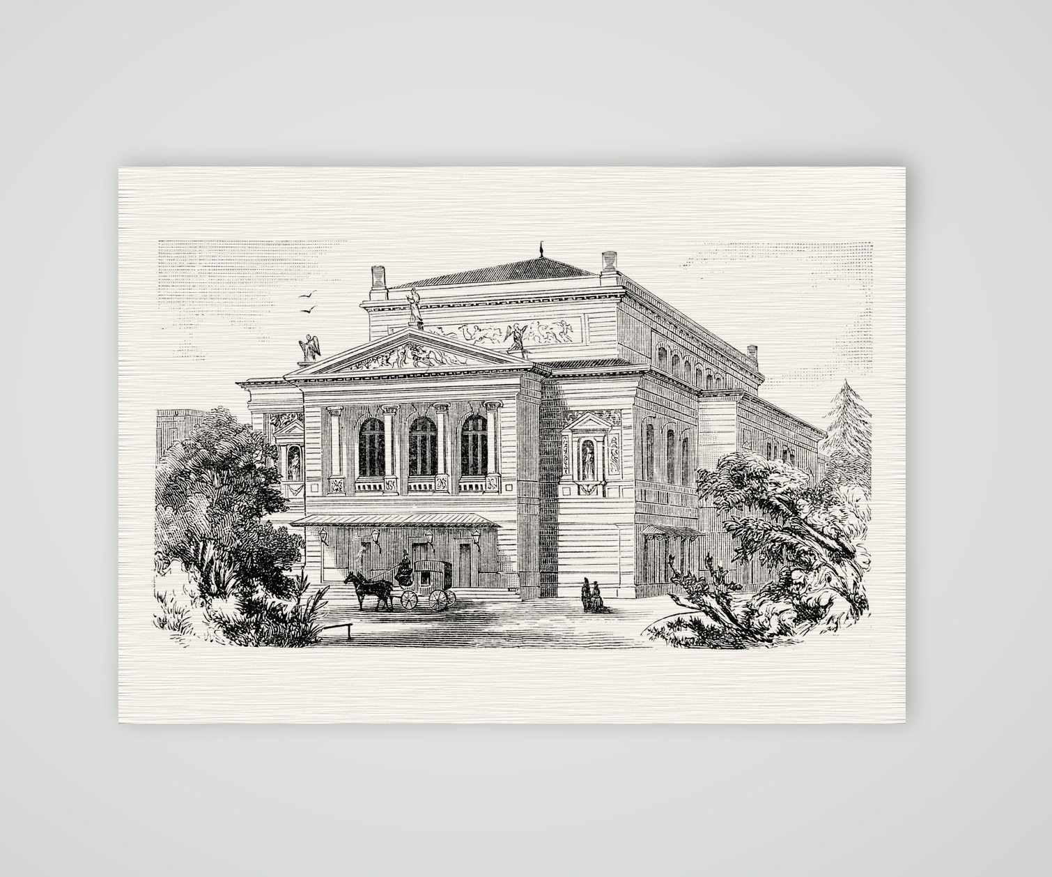 Leipzig, das Neue Gewandhaus – Holzstich, Kunstdruck auf Leinenpapier