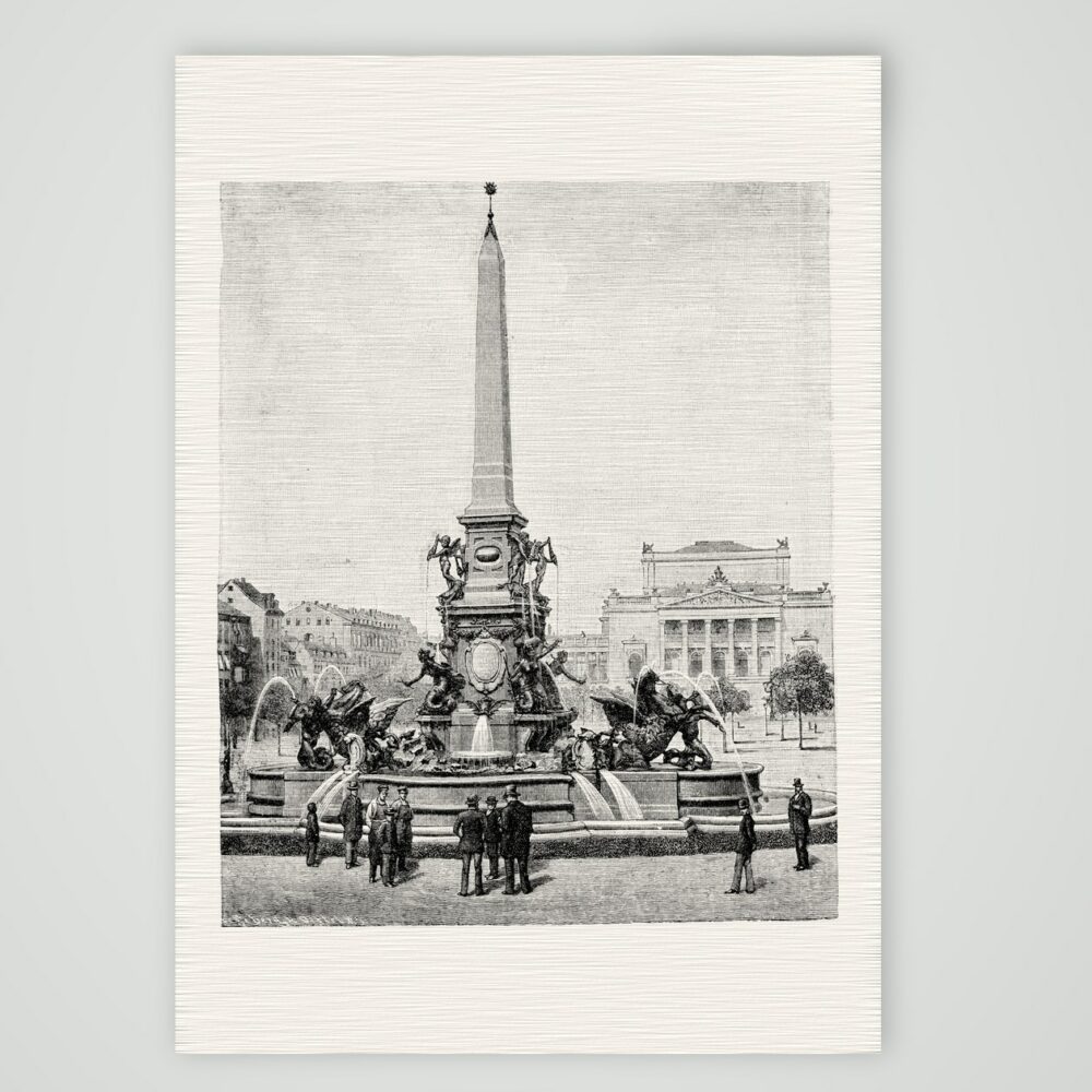 Leipzig, der Mendebrunnen auf dem Augustusplatz – Holzstich, Kunstdruck auf Leinenpapier