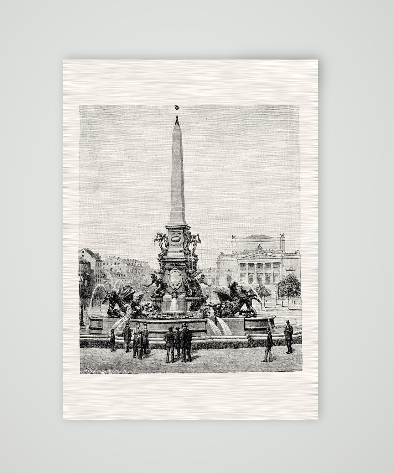 Leipzig, der Mendebrunnen auf dem Augustusplatz – Holzstich, Kunstdruck auf Leinenpapier