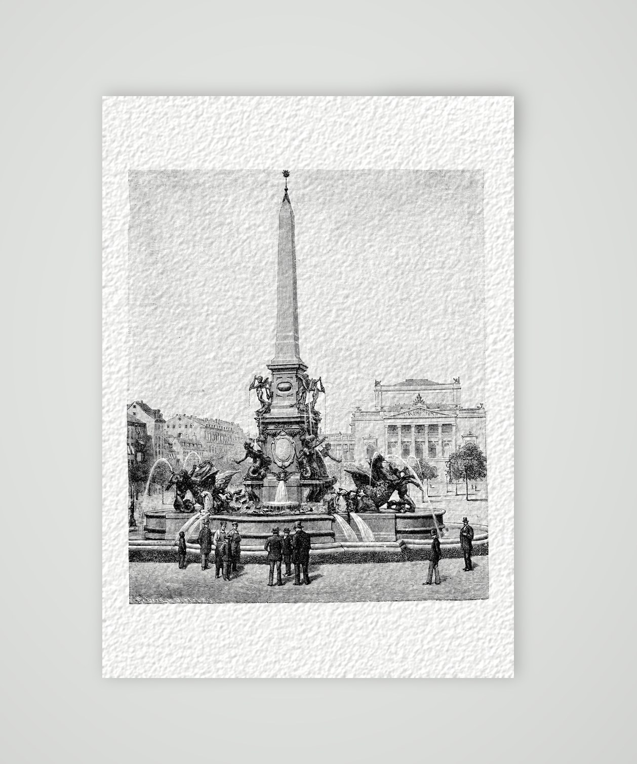 Leipzig, der Mendebrunnen auf dem Augustusplatz – Holzstich, Kunstdruck auf Hahnemühle-Büttenpapier