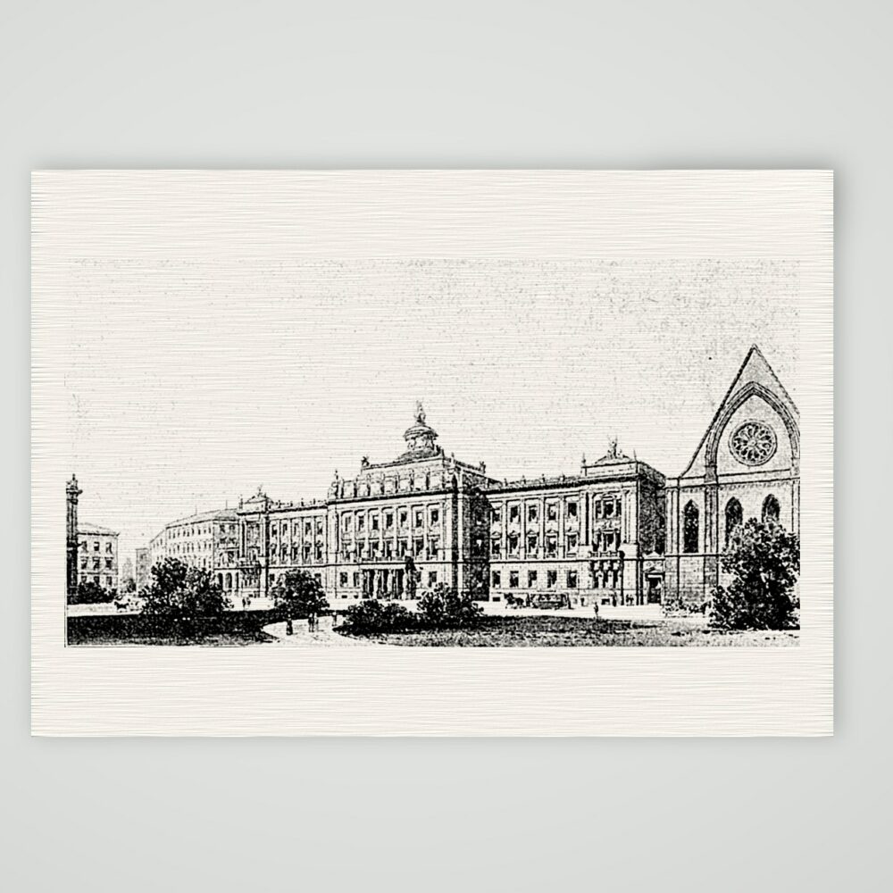 Leipzig, die Neue Universität – Augusteum – Holzstich, Kunstdruck auf Leinenpapier