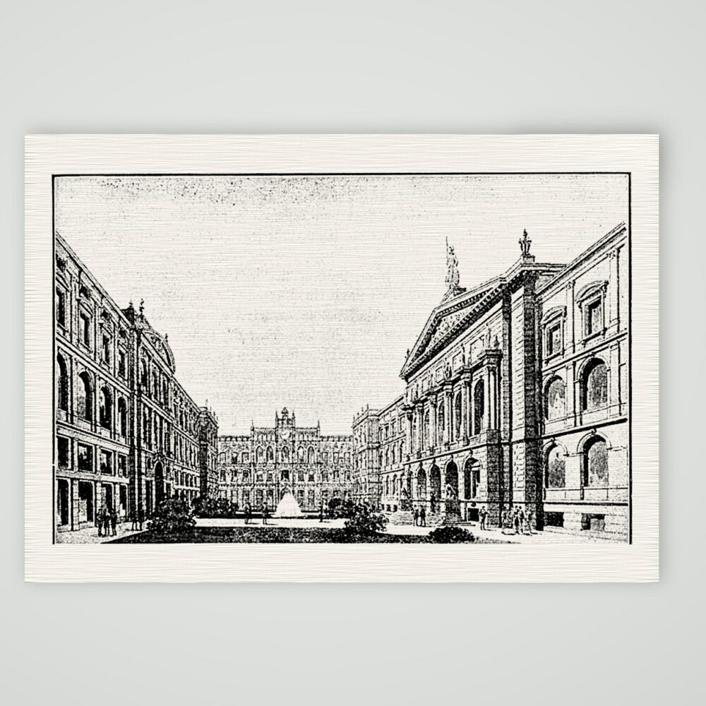 Leipzig, der Hof der Neuen Universität – Holzstich, Kunstdruck auf Leinenpapier