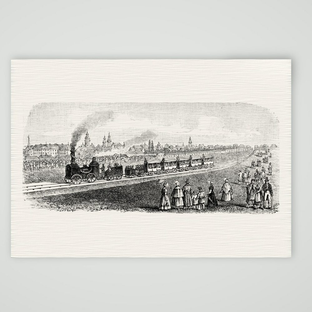 Der erste Zug der Leipzig-Dresdner Eisenbahn – Holzstich, Kunstdruck auf Leinenpapier