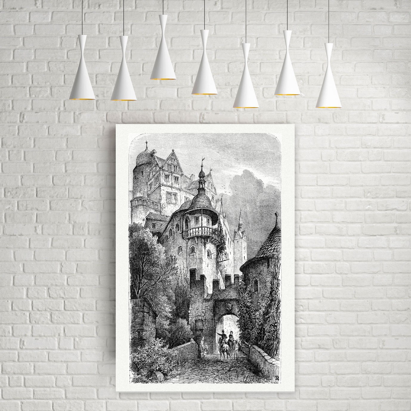 Schloss Rochsburg – Holzstich, Leinwanddruck auf Holzkeilrahmen an der Wand