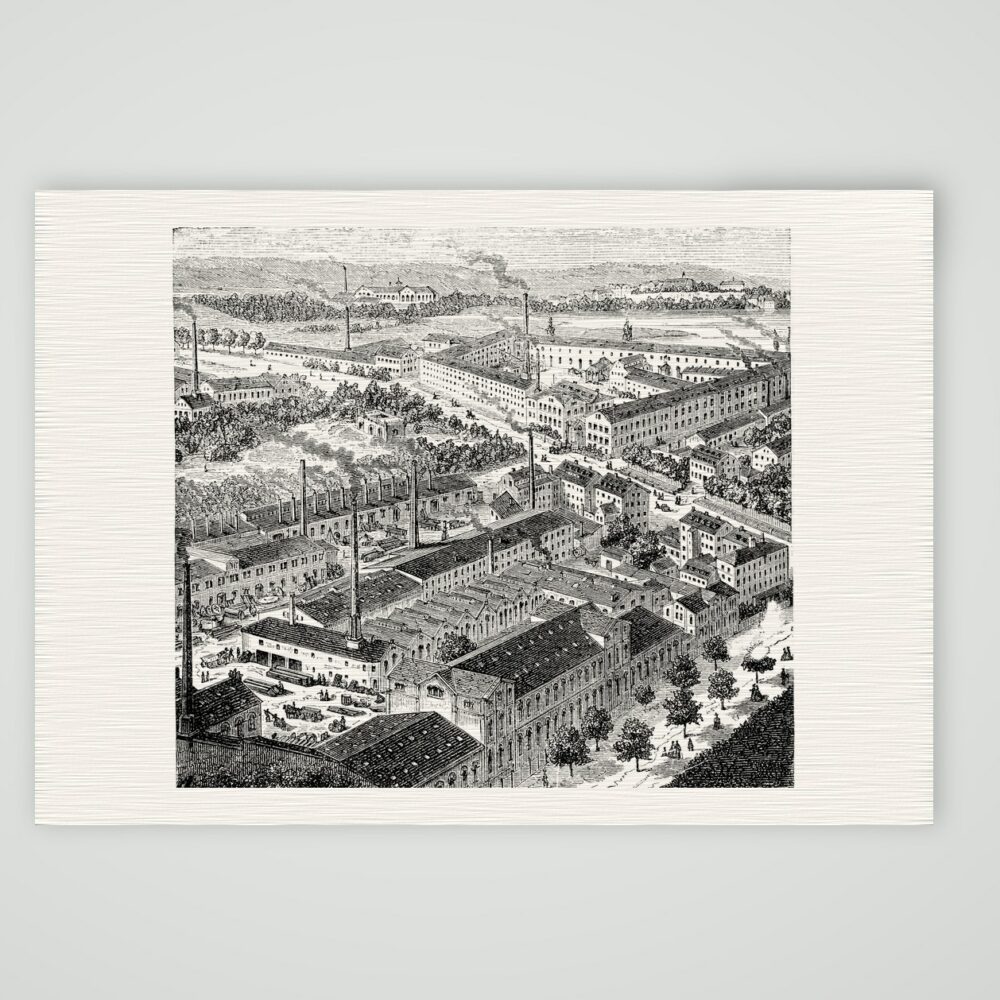 Chemnitz, die Sächsische Maschinenfabrik – Holzstich, Kunstdruck auf Leinenpapier