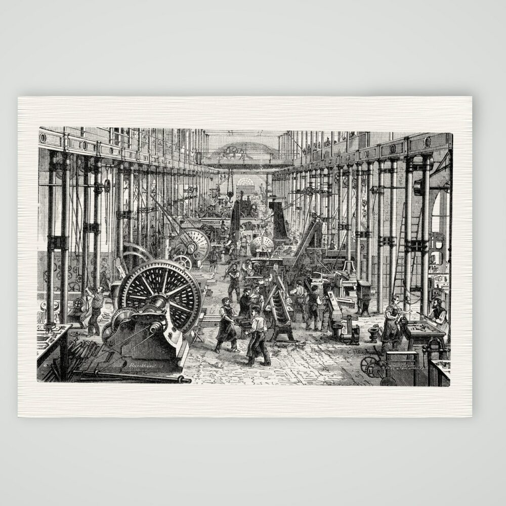 Chemnitz, Maschinensaal der Sächsischen Maschinenfabrik – Holzstich, Kunstdruck auf Leinenpapier